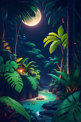 The Jungle With Moonlight,Fantastic Jungle In The Evening,A beautiful Enchanted Forest,Generative AI 
