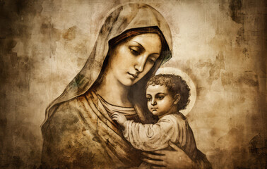 Holy Mary Mother of God and baby jesus , generative AI	
