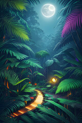 The Jungle With Moonlight,Fantastic Jungle In The Evening,A beautiful Enchanted Forest,Generative AI 
