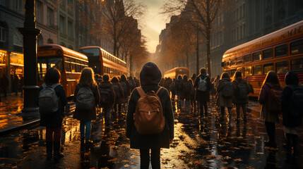 Kids from behind with backpacks ready to go to school - obrazy, fototapety, plakaty