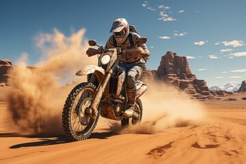 Motorcyclist on the competition at motorcycle race. Rider on a cross-country enduro motorcycle go fast at the desert. Drift. Made With Generative AI.