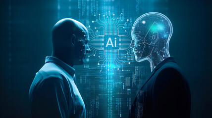 Machine learning connecting and ai artificial intelligence.Chat bot software network.big data and transfer protocol system.Neuralink with smart brain.ai generative art