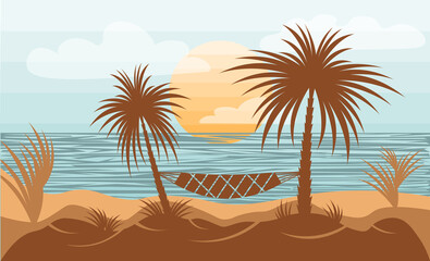 Tropical landscape silhouettes nature scenery with hammock and palm trees