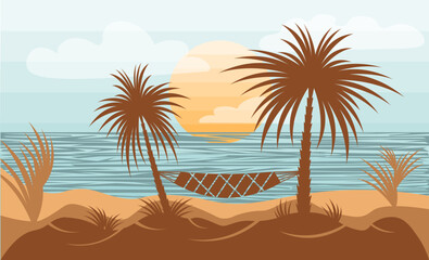 Fototapeta na wymiar Tropical landscape silhouettes nature scenery with hammock and palm trees vector