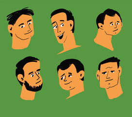 Male portraits, cartoon style illustration, isolated on green background. Separate layers. Vector EPS10