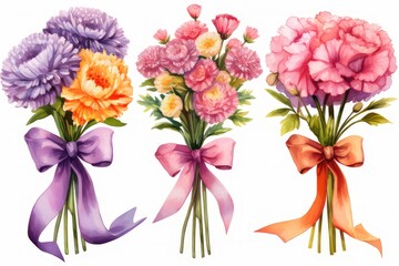  set of Watercolor bouquet of Peonies and Marigold flower, watercolor Illustration isolated on white background for wedding card, cover, invitations.  