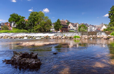 View of the castle on the mountain in the city of Marburg on a sunny summer morning.