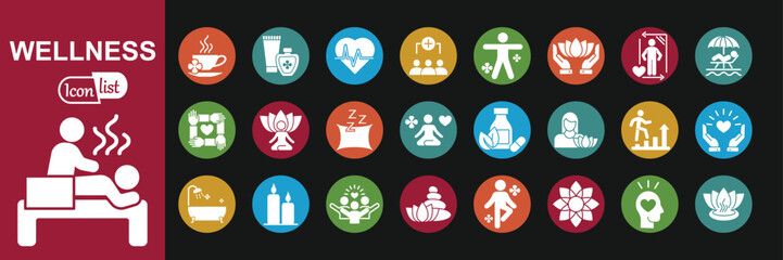 Wellness web icon set .White icon in colored circle. Relaxation, spa, sleep, yoga, health, lifestyle, spiritual practice, meditation, collection. Vector illustration.	