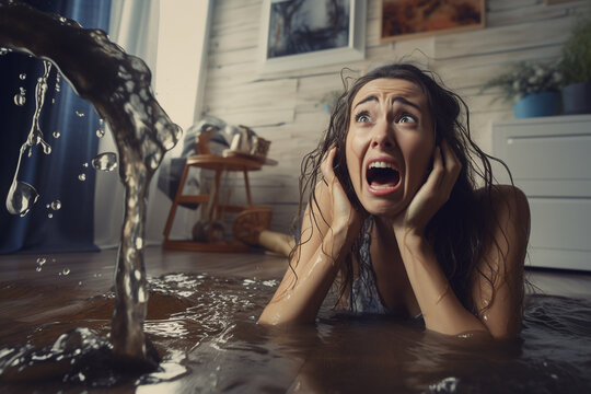 Roof is Leaking, Pipe Rupture at Home Angry woman in Calling Insurance Company, Screaming into Phone in Frustration, Trying to Find Plumber. High quality illustration