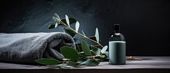 spa treatment concept with eucalyptus oil and eucalyptus leaf extract natural on wood table,...