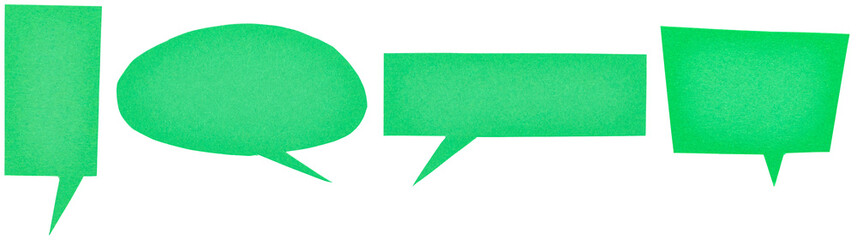 Set of green blank cut out paper cardboard speech bubbles with copy space for text on transparent...
