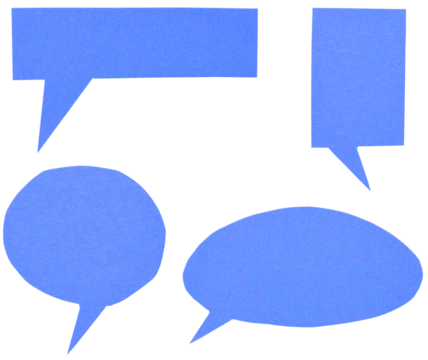 Collection set of blue blank cut out paper cardboard speech bubbles with copy space for text on transparent or white background, png collage design element