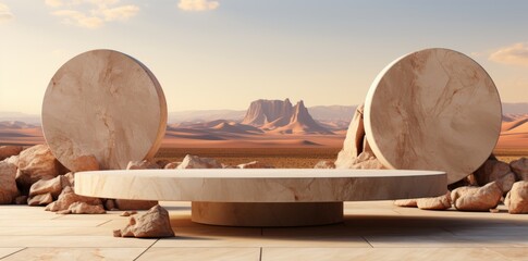 marble pillar table on beige grass, in the style of minimalist backgrounds, cubist multifaceted angles, terraced cityscapes, light white and beige