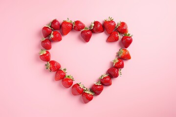  a heart frame of strawberries isolated on pink background.strawberry heart  frame.