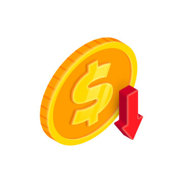 3D isometric falling money concept. Vector Isometric gold coin and red decreasing arrow. 3d Cash, banking, casino, business failure, economic downturn, financial crisis, currency collapse symbol