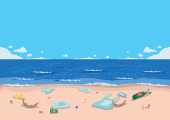 Sea beach littered with plastic, glass and food waste. Environmental pollution. Take care of the environment. Vector illustration in a flat style.