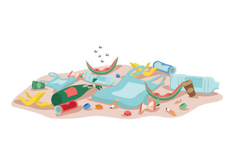 Obraz premium Various garbage, food waste, broken bottles, corks, plastic bottles and cigarette butts are lying on the ground. Take care of the environment. Sorting, recycling and disposal of garbage. Vector