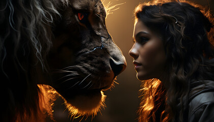 A lion and a woman stare at each other 