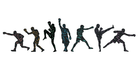 Obraz na płótnie Canvas Colorful vector illustration silhouettes of boxers, thai boxers, kickboxers. Unity sports boxing, Thai boxing, kickboxing