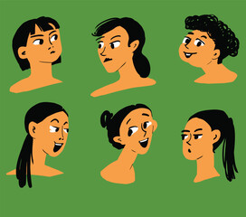 Female portraits, cartoon style illustration, isolated on green background. Separate layers. Vector EPS10