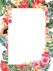 Bright juicy illustration on the theme of tropical plants and beach holidays. Rectangular frame. Watercolor drawing by hand on a white background.