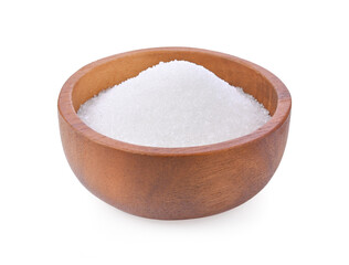 White sugar in wooden bowl on white background