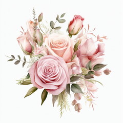 Flowers to decorate a wedding card, Roses and Eustoma, light pink watercolor style, individual arrangements, AI generated