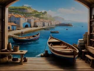 Rowing boat beside a wooden port with excellent realistic detailing HD