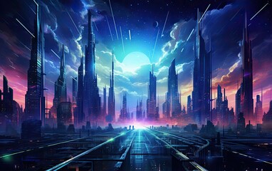 Landscape with towering skyscrapers, floating platforms, and sleek, futuristic elements, bathed in soft neon lights and surrounded by a cosmic backdrop, giving the impression of an advanced cityscape 
