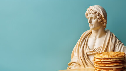Art sculpture of ancient Italian from marble with a pancake isolated on a pastel background with a copy space 