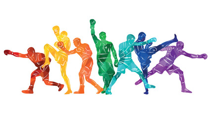 Fototapeta na wymiar Colorful vector illustration silhouettes of boxers, thai boxers, kickboxers. Unity sports boxing, Thai boxing, kickboxing