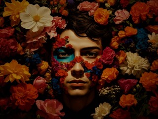 A boy wearing a mask of roses in a world full of roses suggests hope, clear details, and realism HD