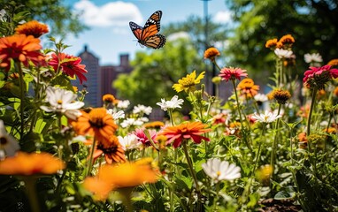 Butterflies flying over colorful blooming flowers in an urban park, demonstrating the importance of...
