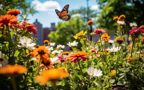 Butterflies flying over colorful blooming flowers in an urban park, demonstrating the importance of providing habitat for local wildlife in the cityscape