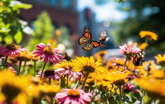 Butterflies flying over colorful blooming flowers in an urban park, demonstrating the importance of providing habitat for local wildlife in the cityscape