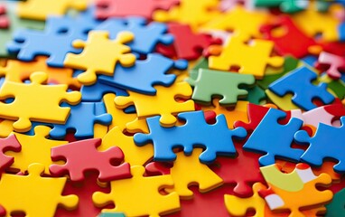 Colorful puzzle pieces scattered on a red background