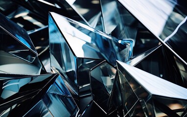 A close-up of reflective surfaces, such as glass or polished metal, with distorted and fragmented reflections of surrounding objects and lights, creating a futuristic and surreal abstract composition