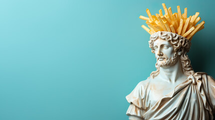 Fototapeta na wymiar Art sculpture of ancient Italian from marble with French fries isolated on pastel background with a copy space 