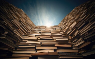 Stack of books forming a staircase, symbolizing the power of knowledge and learning as a pathway to new horizons