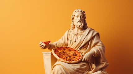 Art sculpture of ancient Italian from marble with pizza isolated on a pastel background with a copy space 