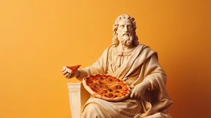 Foto op Canvas Art sculpture of ancient Italian from marble with pizza isolated on a pastel background with a copy space  © fotogurmespb