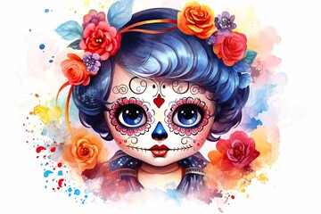 Dia de los Muertos, cute Calavera Catrina with sugar skull makeup, watercolor illustration