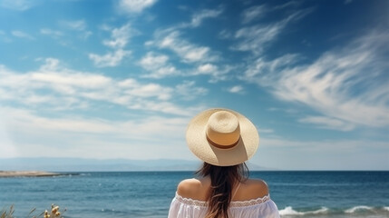 Fototapeta na wymiar a woman in a hat looks at the ocean on a sunny day. Generative Ai. 