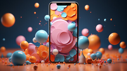 smartphone on abstract background with bubbles, advertising illustration. Generative Ai. 