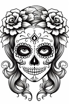 Dia de los Muertos coloring page for kids and adults illustration. Black and white lines