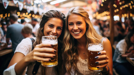 Fototapeta premium Female friends cheering with beer at Oktoberfest 