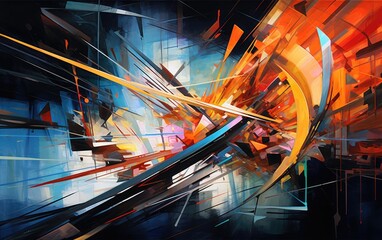 A mixed-media artwork combining digital and traditional painting techniques, featuring a combination of vibrant colors, and dynamic brushstrokes to create a visually striking background