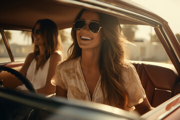 A youthful caucasian business-woman is driving cheerfully with a friend in a old and classy car in a city street