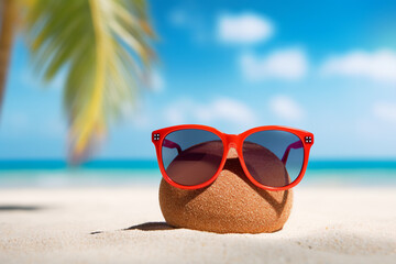 Fototapeta na wymiar On vacation is smiling with sunglasses on a beach ; a vacation background or banner