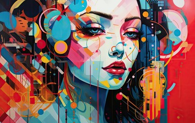 Digital illustration of a woman with painted elements, featuring vibrant colors, bold brushstrokes, and geometric patterns